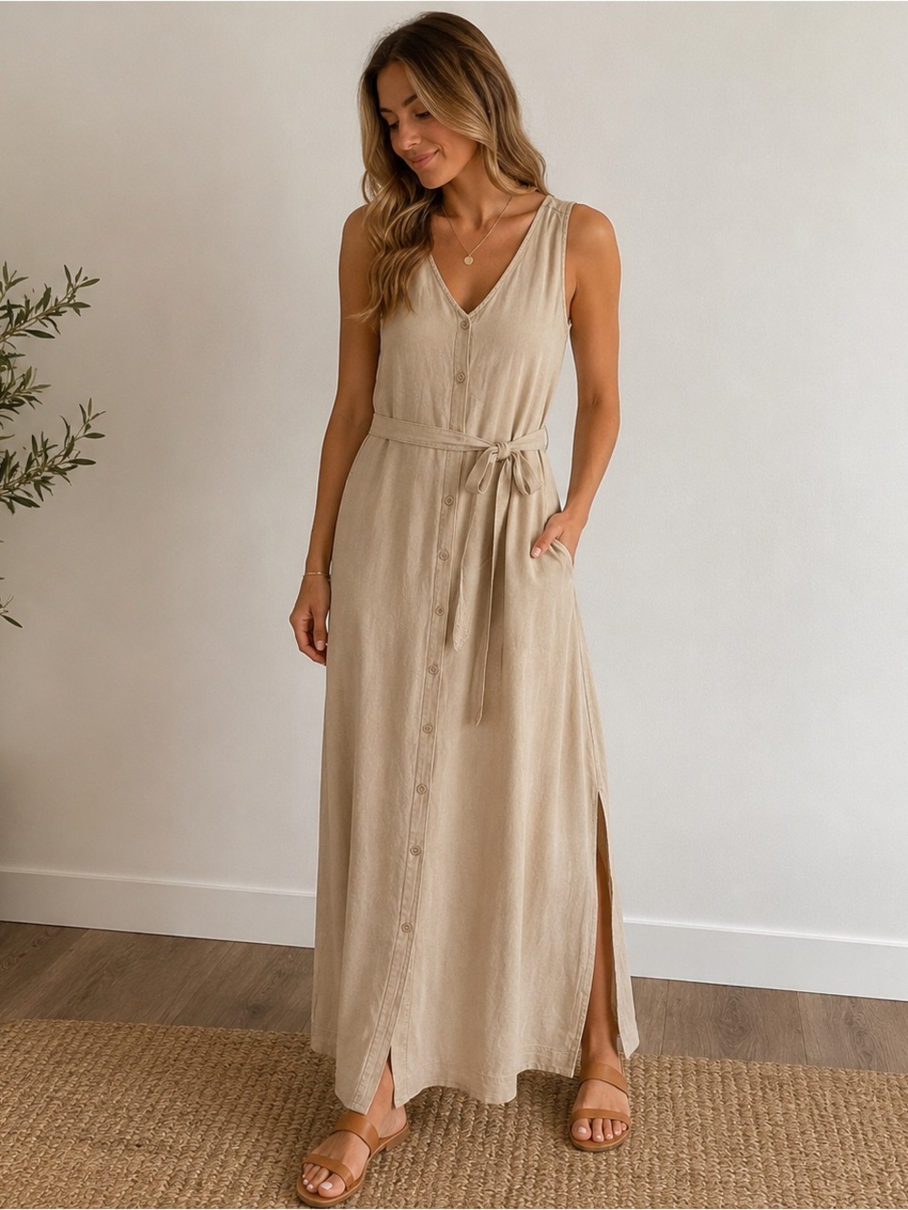 NWT Splendid Kelly Maxi Dress Small Fawn Tan Lyocell Linen Button Front Belted